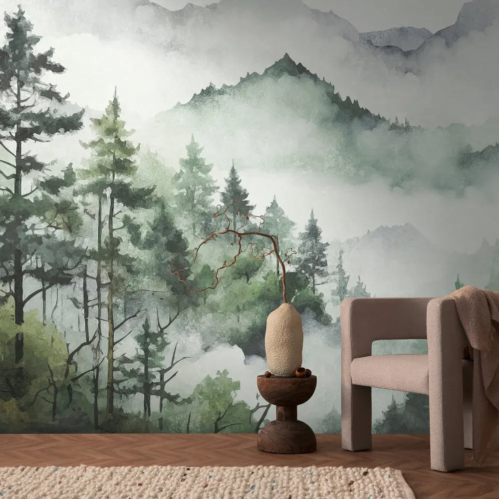 Germany Made Photo Wall Mural Forest Landscape Green White Grey Non Woven Vinyl Removable Modern Design for Bedroom Hospital