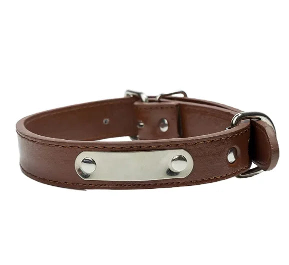 Pure Color PU Leather Dog Collars  Pet Collar with Custom Engraving Stainless Steel Name Tag That Lights Solid Pattern
