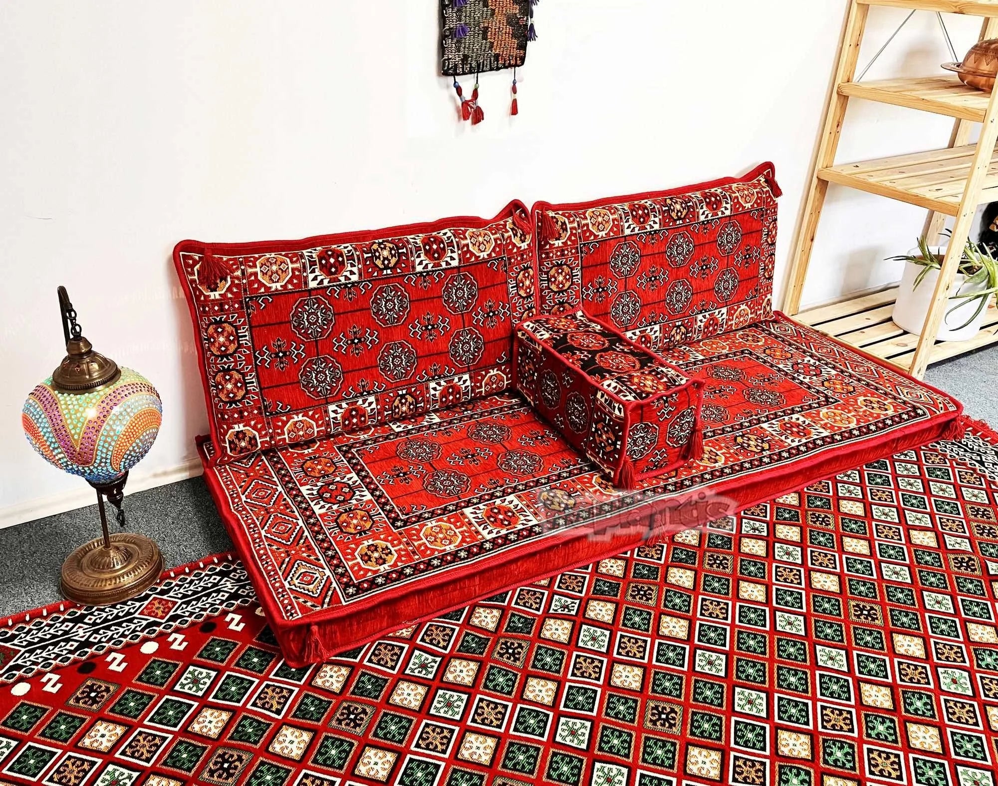 Anatolian Oriental Floor Cushion Set Cover for Two Embroidered Woven Vintage Geometric Pattern