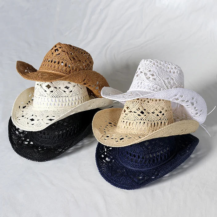 Wholesale Hand Crochet Hollow Design Western Summer Paper Straw Cowboy Hats for Women Men Resort Beach Travel Sun Shade