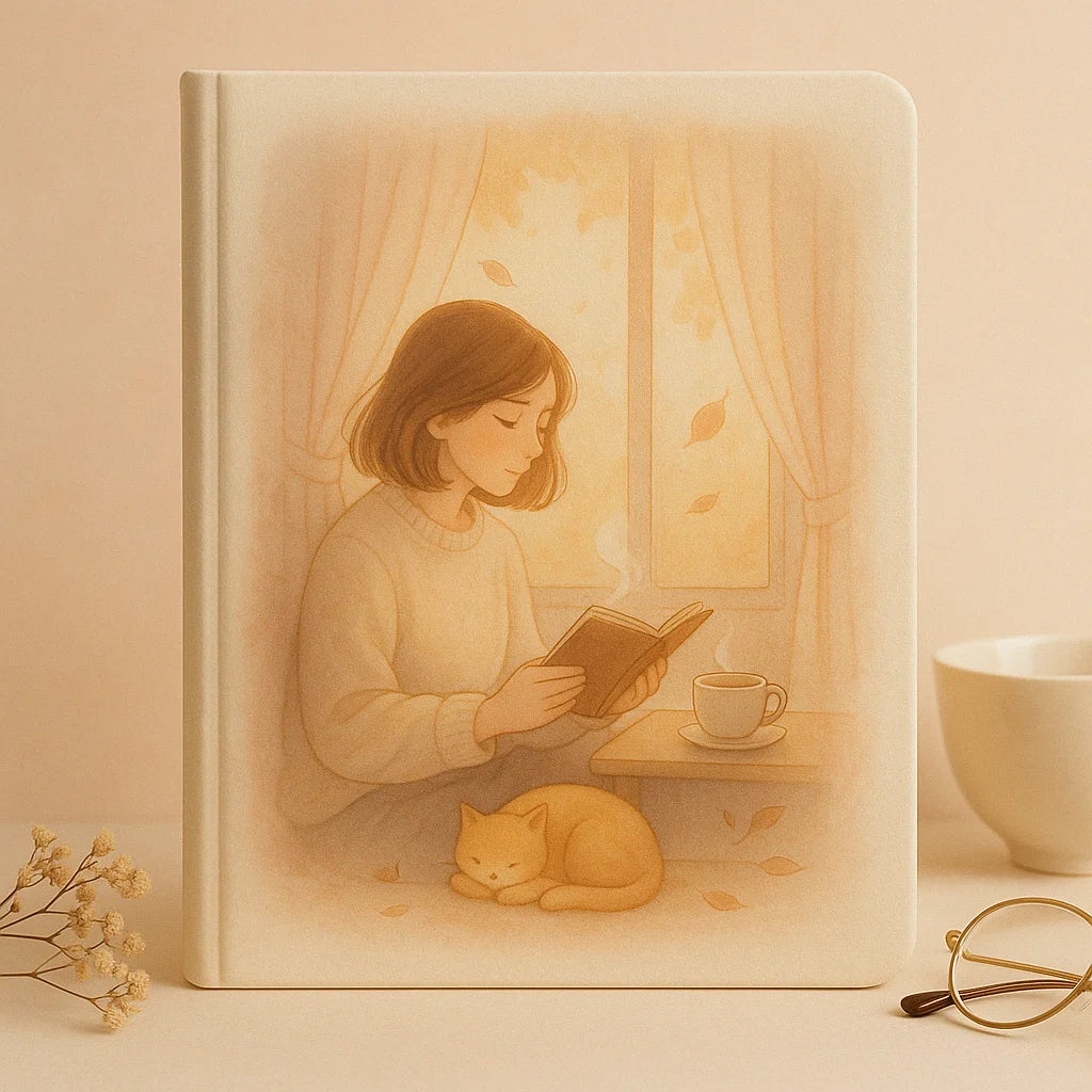 LABON Warm and Cozy Notebook with Reading Girl Illustration Peaceful Everyday Life Scene Healing Journal for Mindfulness