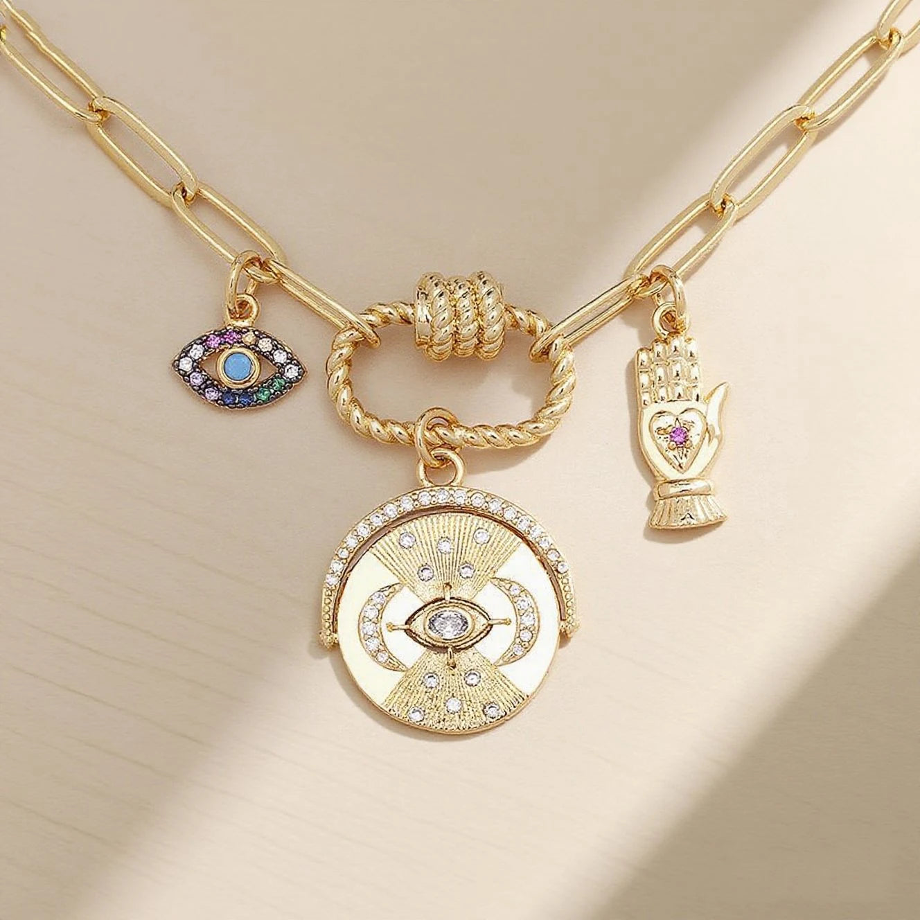 QIKU New Design Eye Moon Palm Pendant  Gold Color Necklace Rainbow Crystal Copper Cubic Zircon Jewelry Gift Wholesale Price
