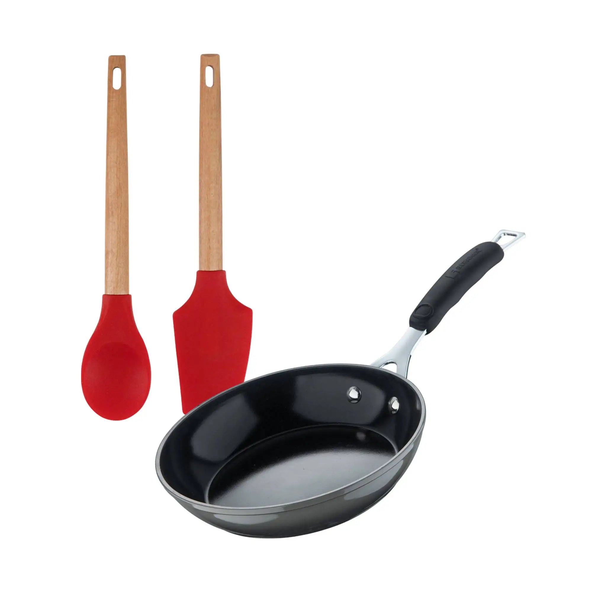 EXCALIBUR Bergner 24cm Forged Aluminum Frying Pan Set + 2 Kitchen Utensils - Spoon and Spatula - Silicone and Wooden Handle