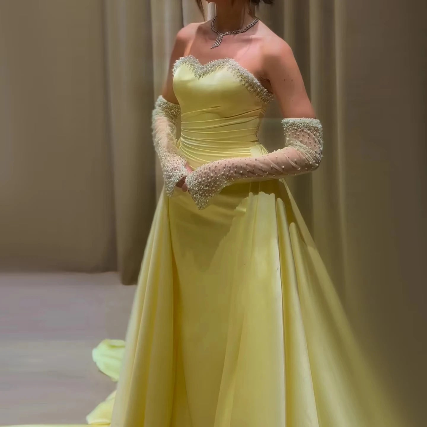Jancember LSZ586 Elegant Bright Yellow Beaded Sweetheart Mermaid Evening Dresses With Glove