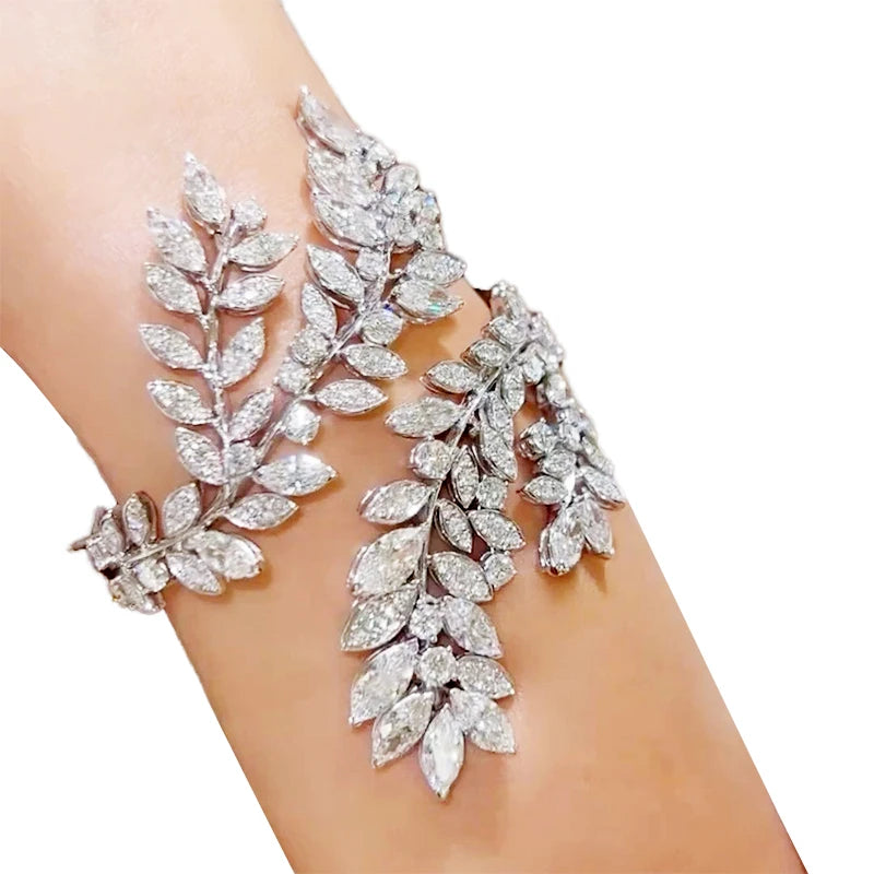 New European and American Personality Leaf Zircon Bracelet Adjustable Opening Stainless Steel Bracelet Arm Ring Fashion Jewelry MegaBDM