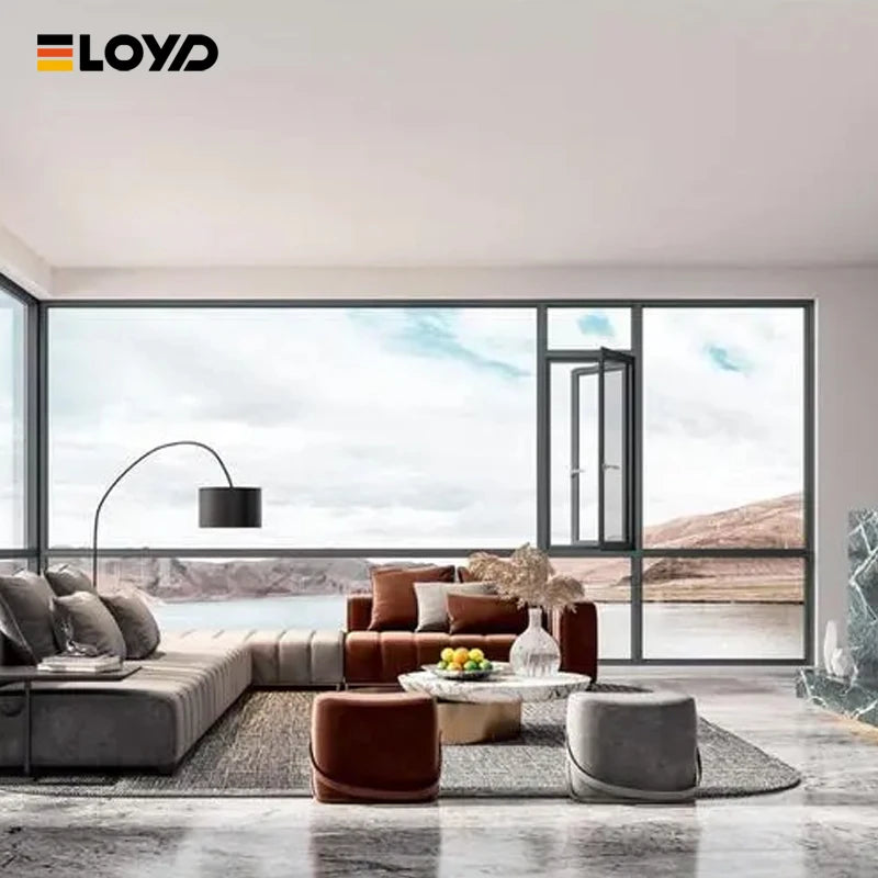 Eloyd Modern Minimalist Aluminum Double Glass Windows Energy Efficient Swing Tilt Turn Panoramic Extra Slim Frame Tempered Glass