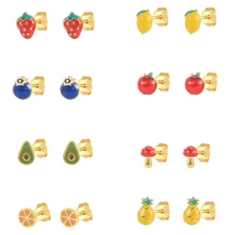 925 Silver Enamel Gold Stud Oil Earrings Cute Mini Fruit Drop Design Trendy Style for Daily Wear Parties Rhodium Great Gift Idea
