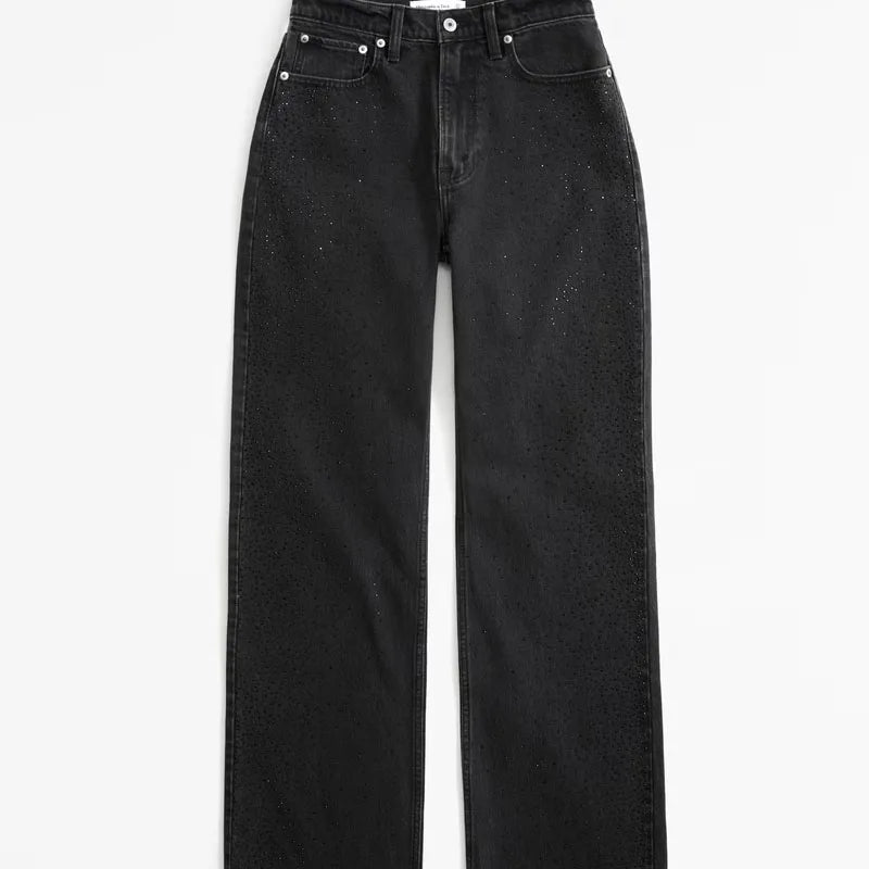 Fashion All-over Rhinestone Detail Relaxed Full-length Leg Shape Clean Hem Jeans for Women