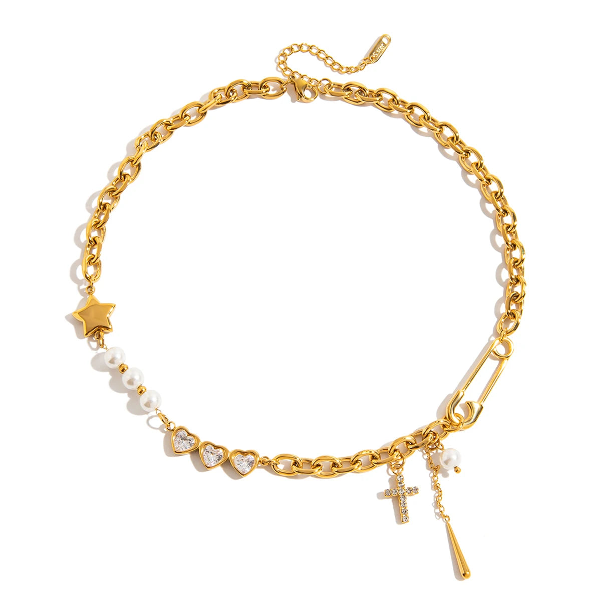 J&D Minimalist 18K Gold Plated Stainless Steel Imitation Pearl Chain Jewelry Chain Necklace