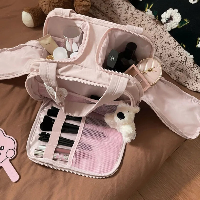 SW Hot Sale Multi-layer Polyester Makeup Bag Large Capacity Portable Toiletry Storage Bag Double Wide Opening Fluffy Travel Bag
