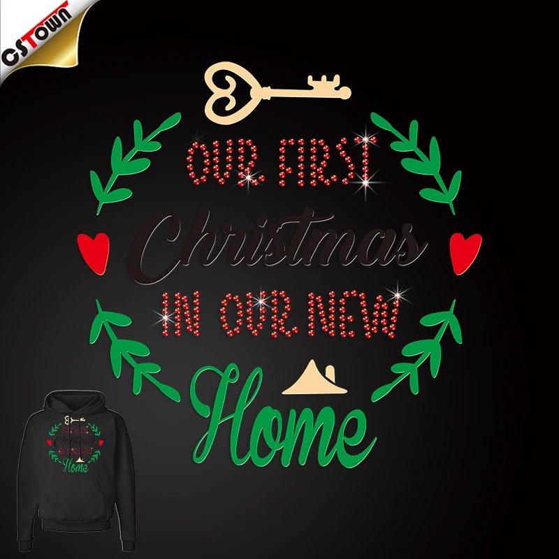 Low Moq Products My First Christmas Hat Iron-On Rhinestone Transfer Bling Iron on Heat Transfer Designs