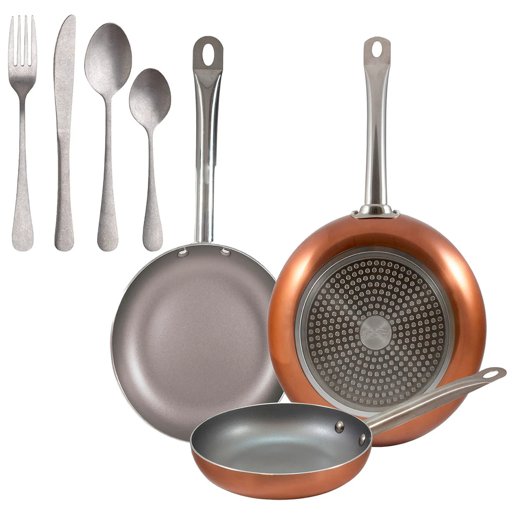 Set of 3 San Ignacio frying pans (18 22 26cm) pressed aluminum suitable for induction + Set of 16 Stainless Steel Cutlery