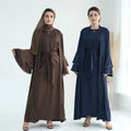 2026 Ramadan Eid New Dubai Modest Women Muslim Dress Abaya Trumpet Ruffled Sleeve Kaftan Satin Abaya 3 Piece Set Wholesale
