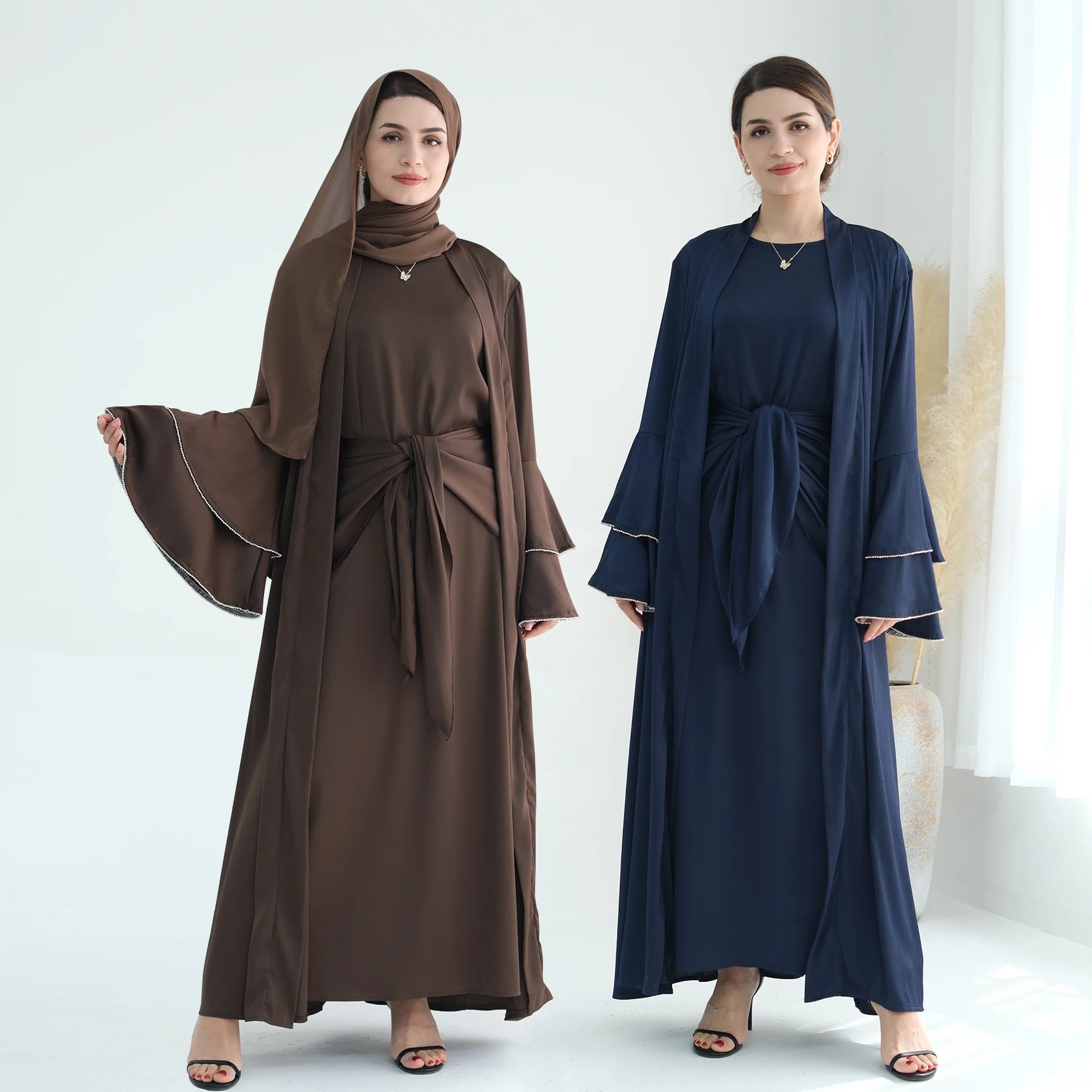 2026 Ramadan Eid New Dubai Modest Women Muslim Dress Abaya Trumpet Ruffled Sleeve Kaftan Satin Abaya 3 Piece Set Wholesale