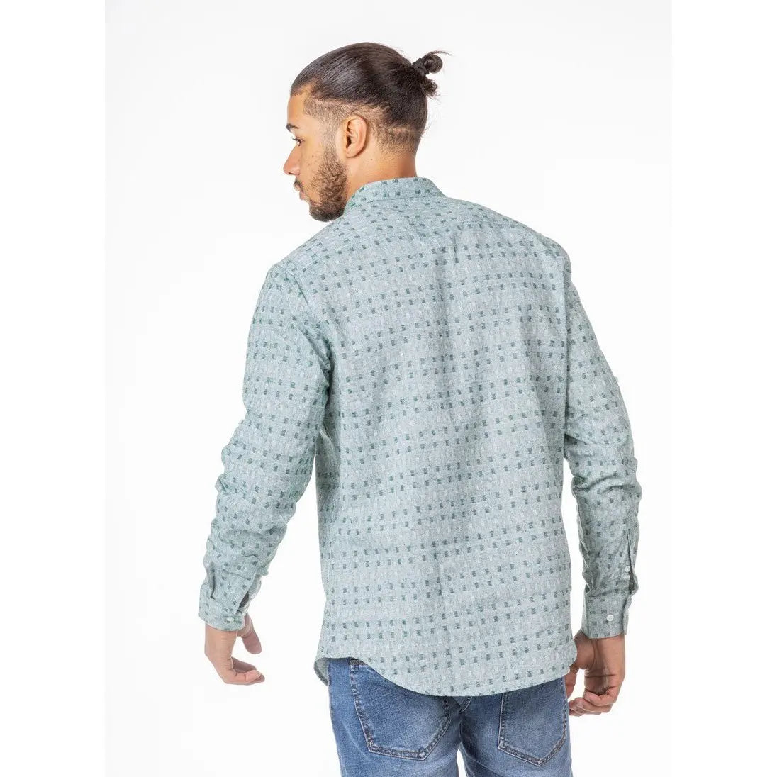 Men's Green Square Polka Dot Breathable Long Sleeve Casual Cotton T-Shirt Imperio Shop Model R053