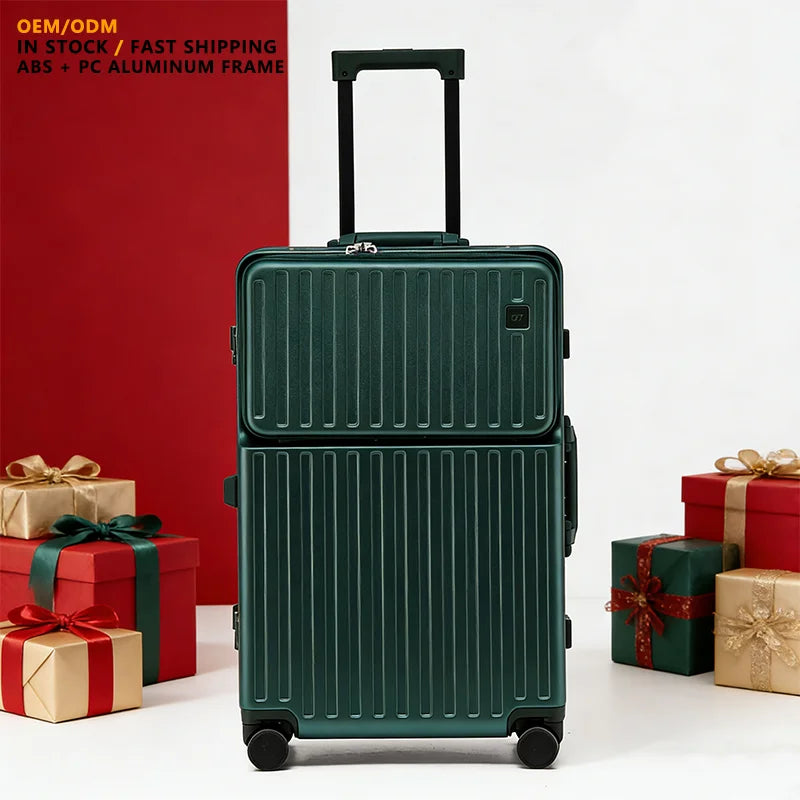 20 Inch Aluminum Frame Suitcase Scratch-Resistant PC Luggage with USB Charging Port Front Pocket & Cup Holder Carry on