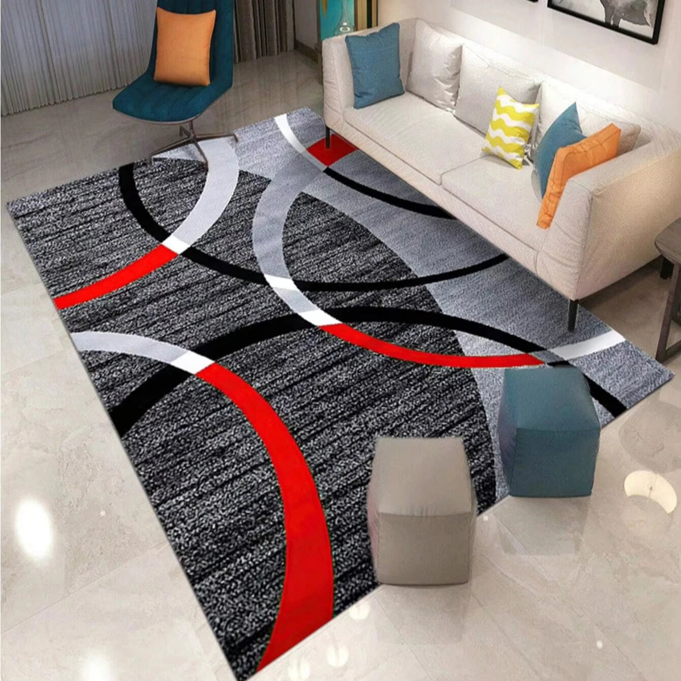 Modern Design Machine Washable Low Pile Polyester Area Rugs Non-Slip Backing for Home-for Hallway Living Room Bedroom