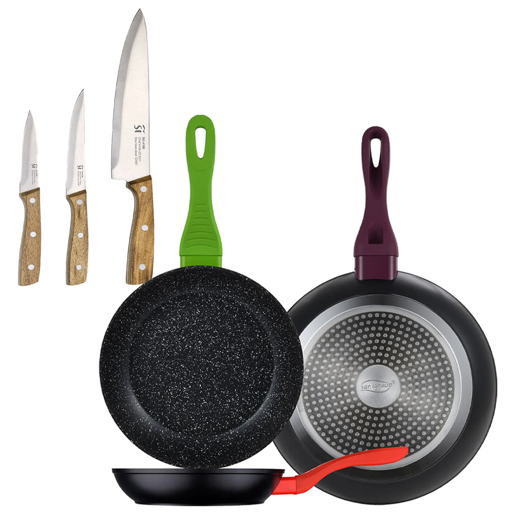 Set of 3 San Ignacio 20/24/28 forged aluminum frying pans induction compatible + Set of 3 stainless steel kitchen knives