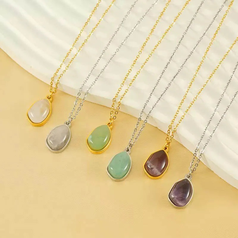 Trendy Fashion Semi Precious Stone Pendant Necklace Stainless Steel Plated 18K Gold Women's Necklace