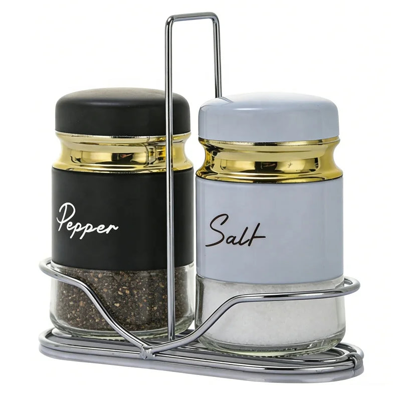 New Kitchen Spice Jar Stainless Steel Glass Bottle Dispenser with Rotating Lid Farmhouse Salt and Pepper Shakers Set with Holder