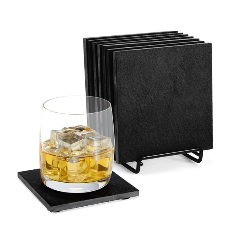 Modern Design Square Black Natural Stone Slate Eco-Friendly Drink Coasters Set with Holder Wholesale Straight Cut Smooth Edge