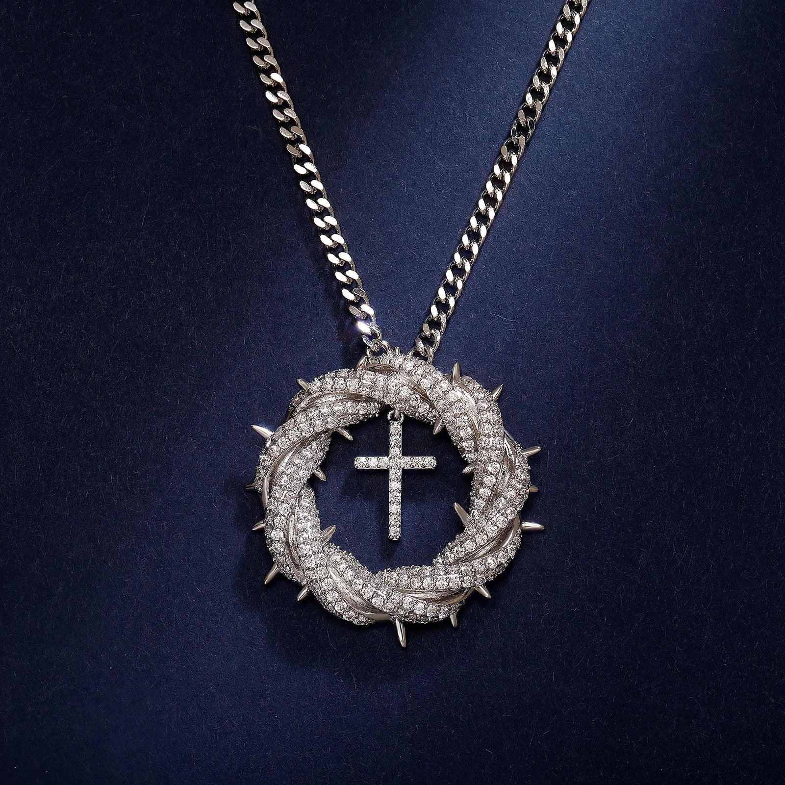 HipHop Brass Gold Plated Lab Diamond Charm Pendant Men Iced Out Cubic Zircon Crown of Thorns Pendant Necklace with Cross Jewelry