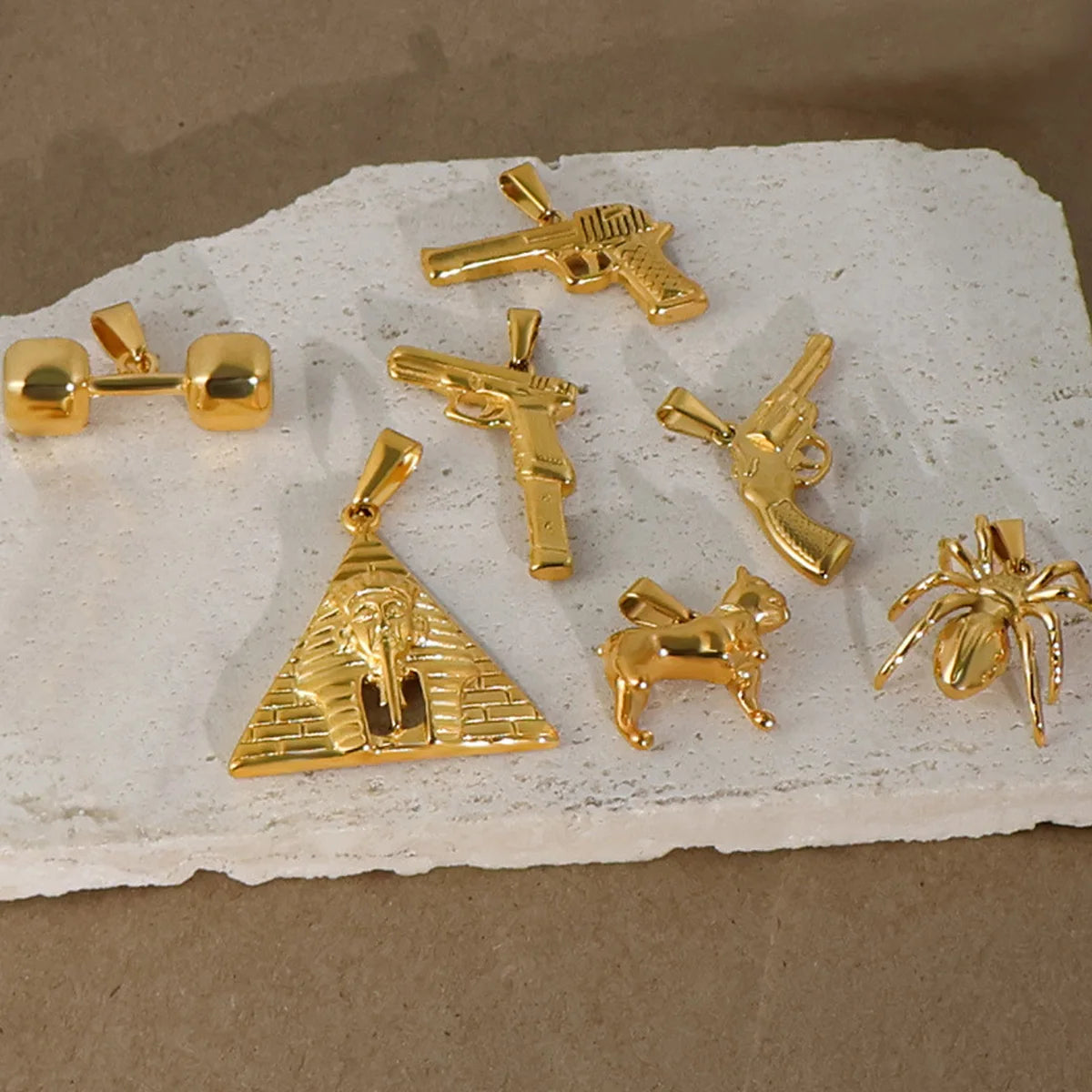 Punk Stainless Steel Pyramid Pharaoh Gun Barbell Spider Gold Pendant Wholesale Fashion Pendants Charms for Jewelry Making MegaBDM