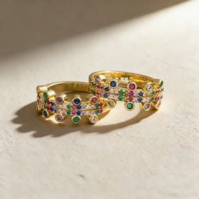 QIKU Wholesale Bohemian Colorful Zircon Ring Fashion Gold Color Copper Jewelry Wedding Women Couple Engagement Charm