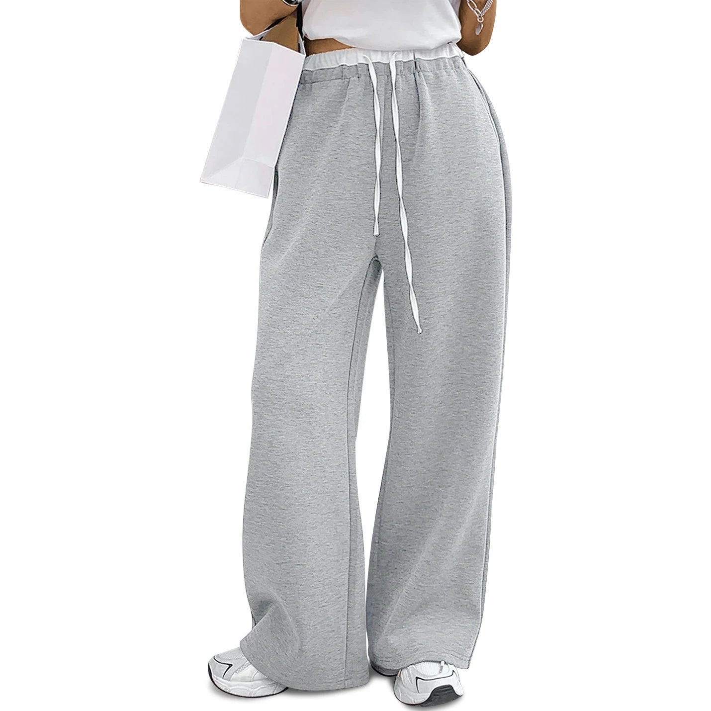 Custom Women's High Waisted Elastic Waist Breathable Cotton/Polyester Baggy Sweatpants Pockets Wide Leg Streetwear Y2K Straight