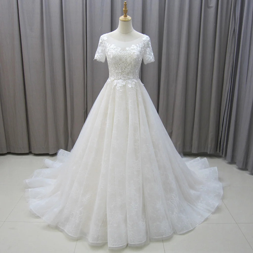 Jancember MZ0021 Beautiful Short Sleeve Embroidery Lace Wedding Bridal Dresses