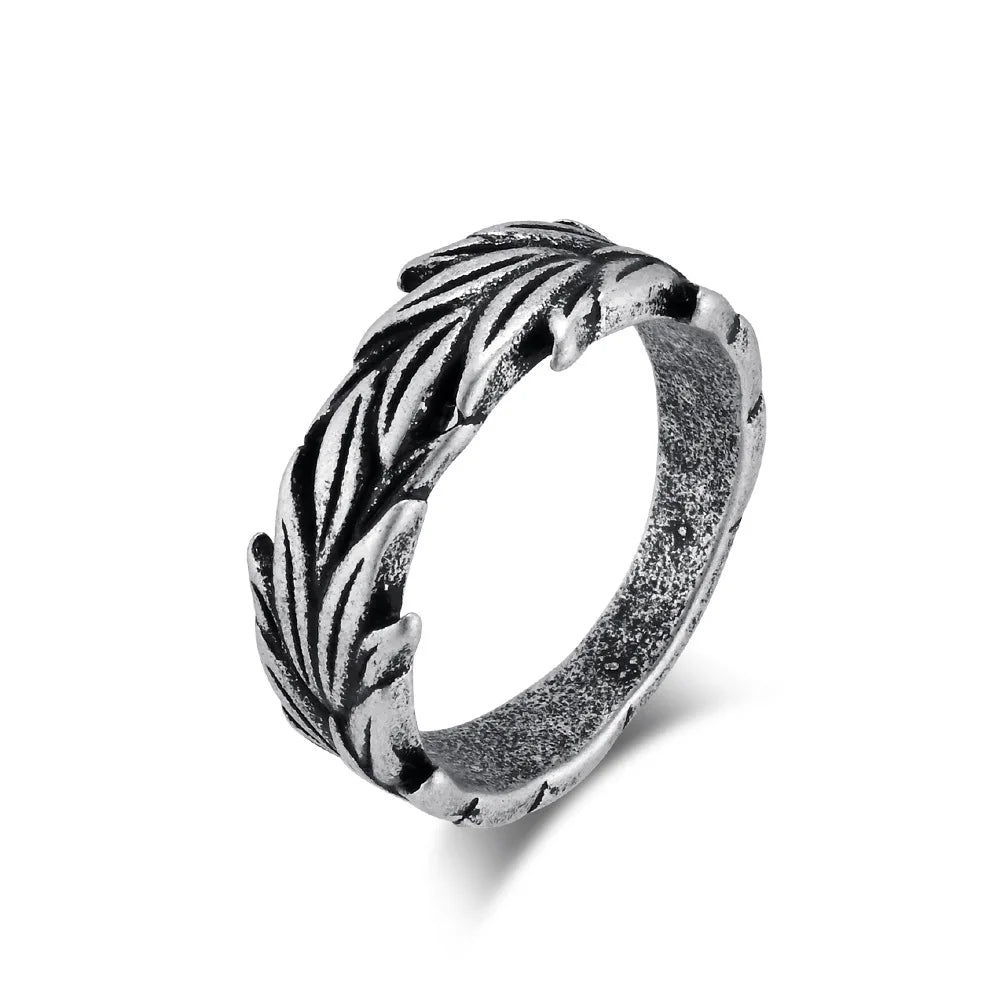 Beimai OEM Ring Retro Neutral Style Hemp Leaf Wheat Ear Pattern Stainless Steel Ring