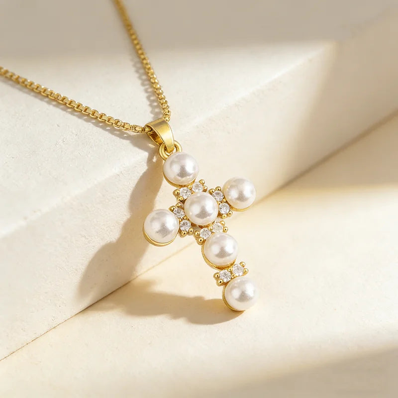 QIKU Christian Classic Imitation Pearl Zircon Cross Pendant Necklace 18K Gold Plated Copper for Women Gift