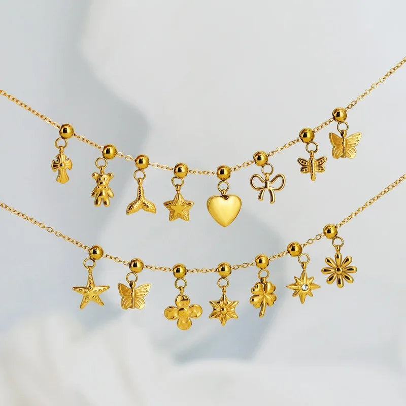 15 Style Gold Stainless Steel Heart Bowtie Star Butterfly Flower Mini Charms with Silicone Round Cap for DIY Bracelet Making