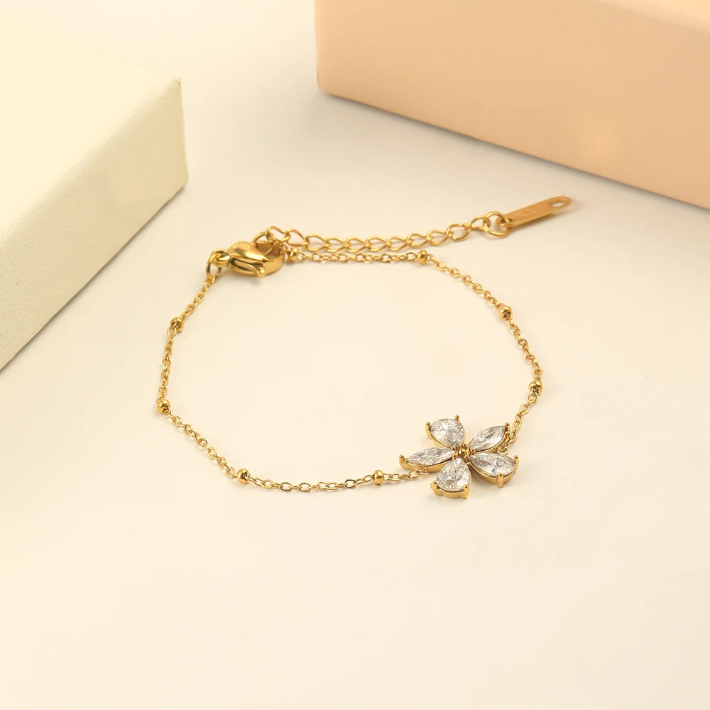 Dreamshow Fashion Bead Bracelet Femme Zircon Flower Waterproof Tarnish Free 18k Gold Plated Stainless Steel Jewelry