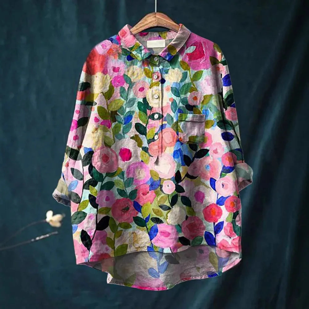 2025 New Summer Women's Stylish Comfortable Casual Loose-Fit Colorful Printed Rolled-Collar Blouse