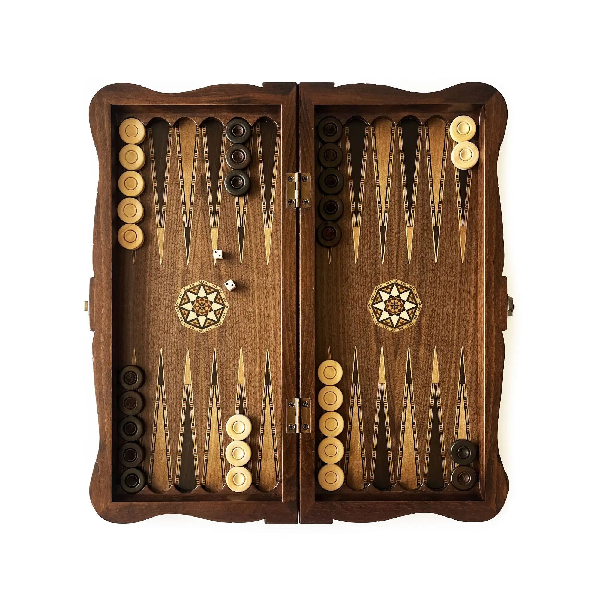 Carvo Handmade Traditional Wooden Backgammon Set K421.032 Helena Wood Art Walnut Mid Size 52 cm Mother Pearl Checkers Boxwood