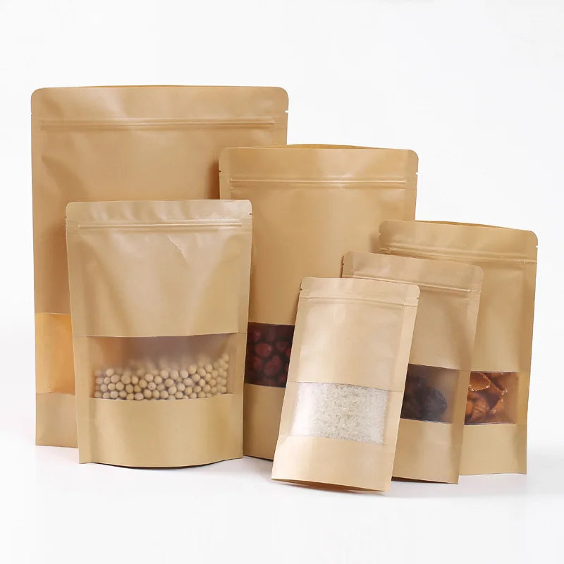 MU Factory Custom Logo Windows Food Kraft Paper Ziplock Bag Resealable Stand up Ziplock Bags for Packing