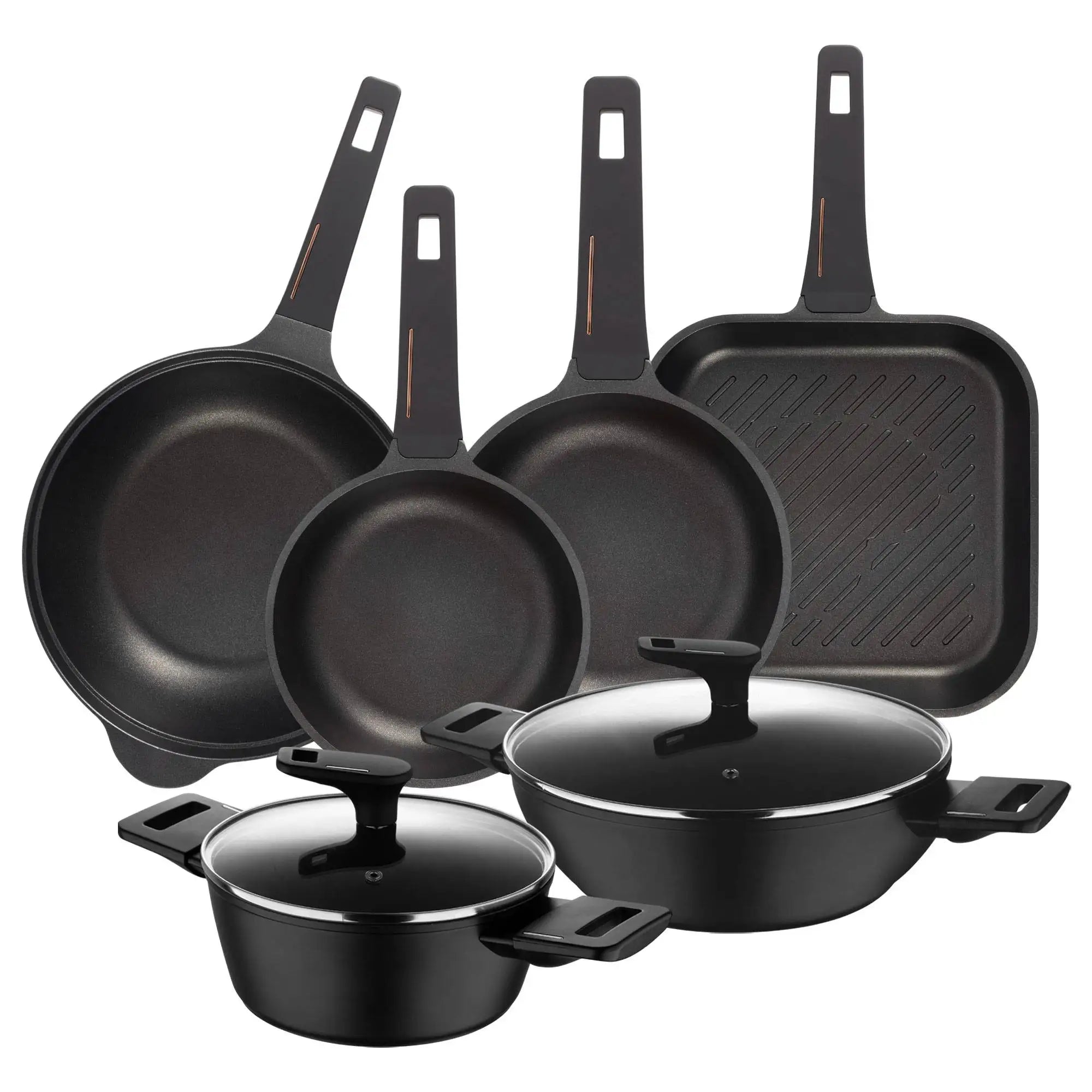 Cookware Set with 2 Saucepans 2028cm in Forged Aluminum + 2 Frying Pans 2024cm + Grill Pan 28x28cm + Wok 30cm in Cast