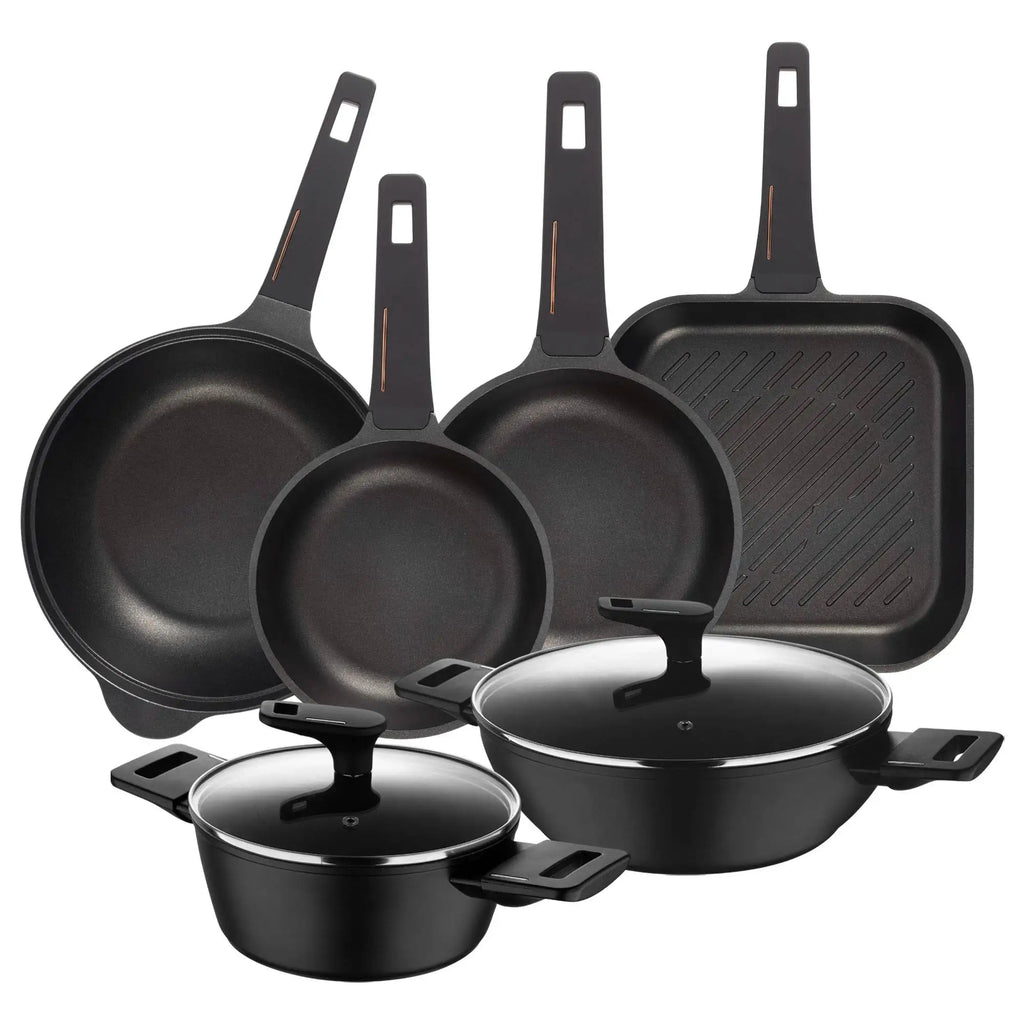 Cookware Set with 2 Saucepans 2028cm in Forged Aluminum + 2 Frying Pans 2024cm + Grill Pan 28x28cm + Wok 30cm in Cast