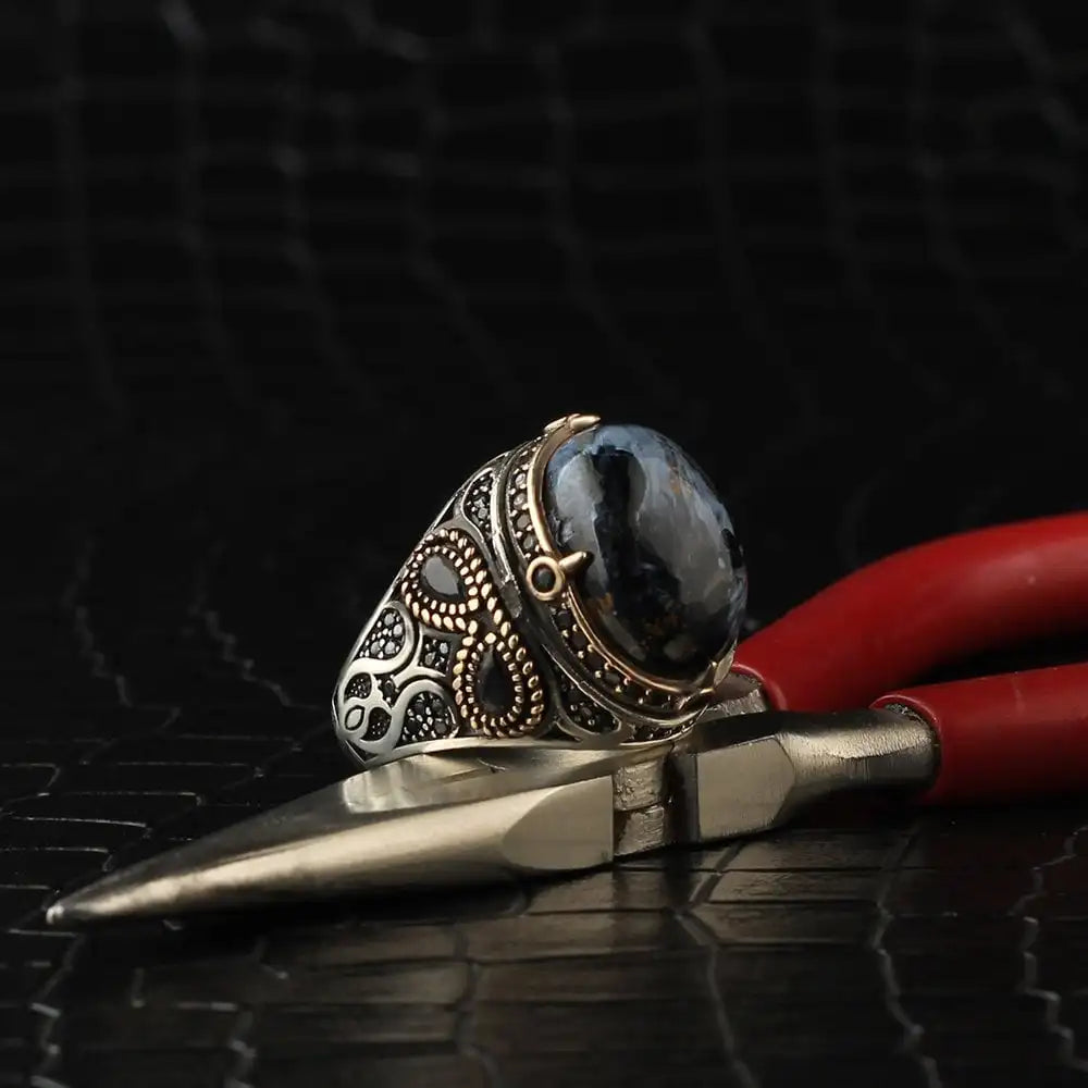 Wholesale Azuris VALKH1047 925 Sterling Silver Men's Ottoman Style Ring Natural Aqeeq Stone Turkey
