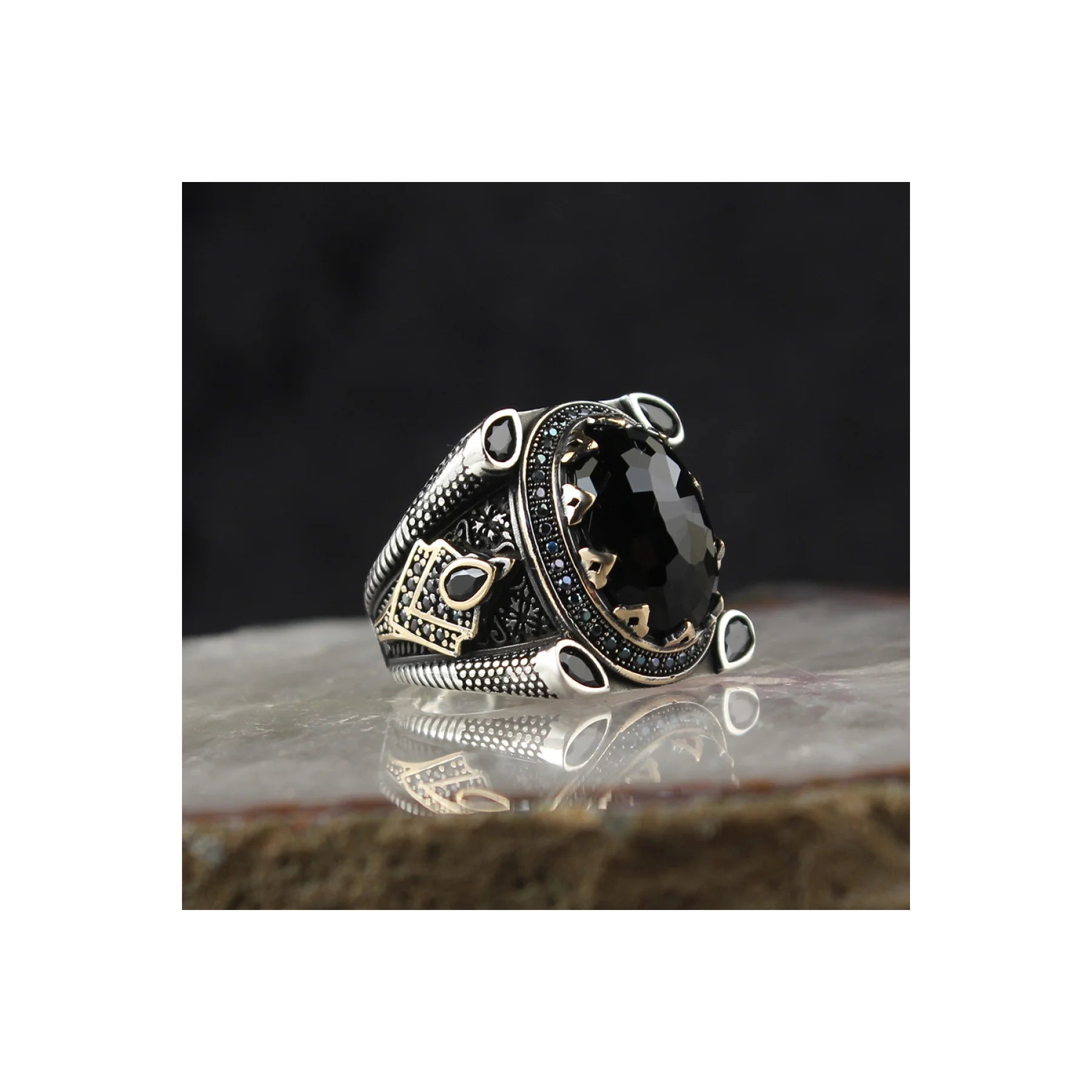 925 Sterling Silver Men's Ring with Zircon Stone Turkish-Made Ottoman Style Model RCEGYT-715