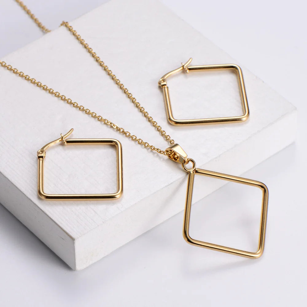Fine Unique Women Fashion 18k Gold PVD Plated Geometric Square Pendant Necklace Hoop Earrings 316L Stainless Steel Jewelry Set