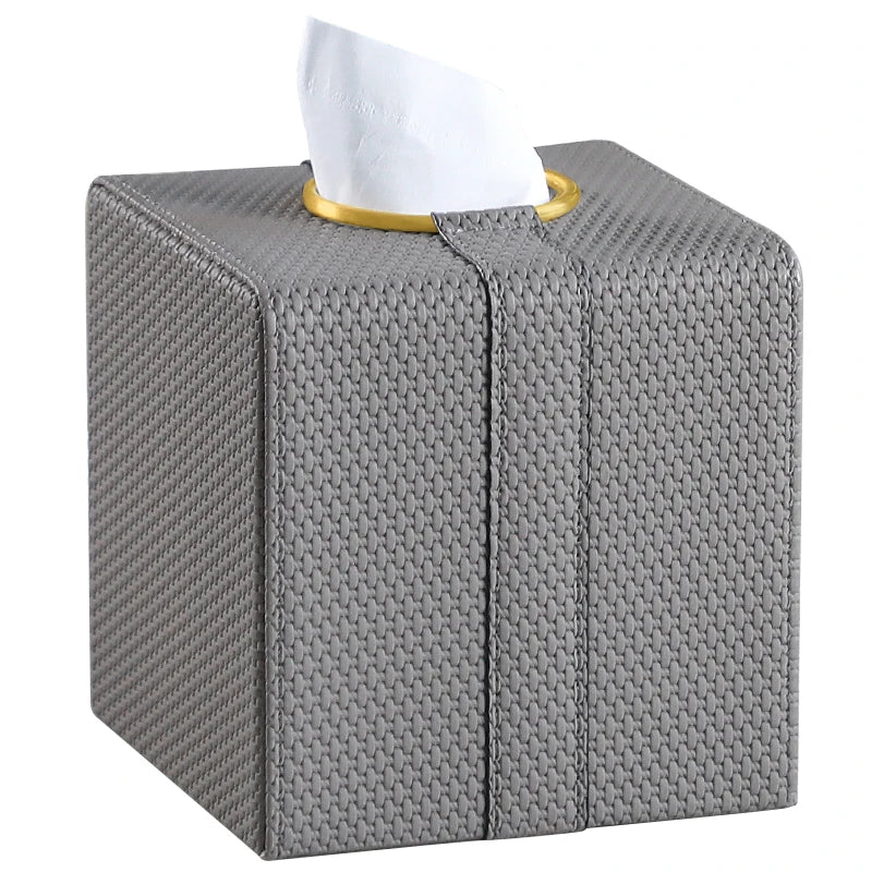 MAVOBO Gold Button Woven Pattern Tissue Box Decorative Napkin Holder PU Leather Square Woven Tissue Box Holder