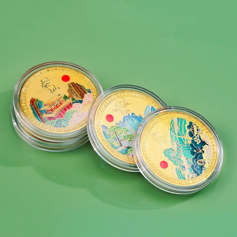 Custom China Scenic Spots Colored Gold Plated Metal Commemorative Souvenir Coin in Stock