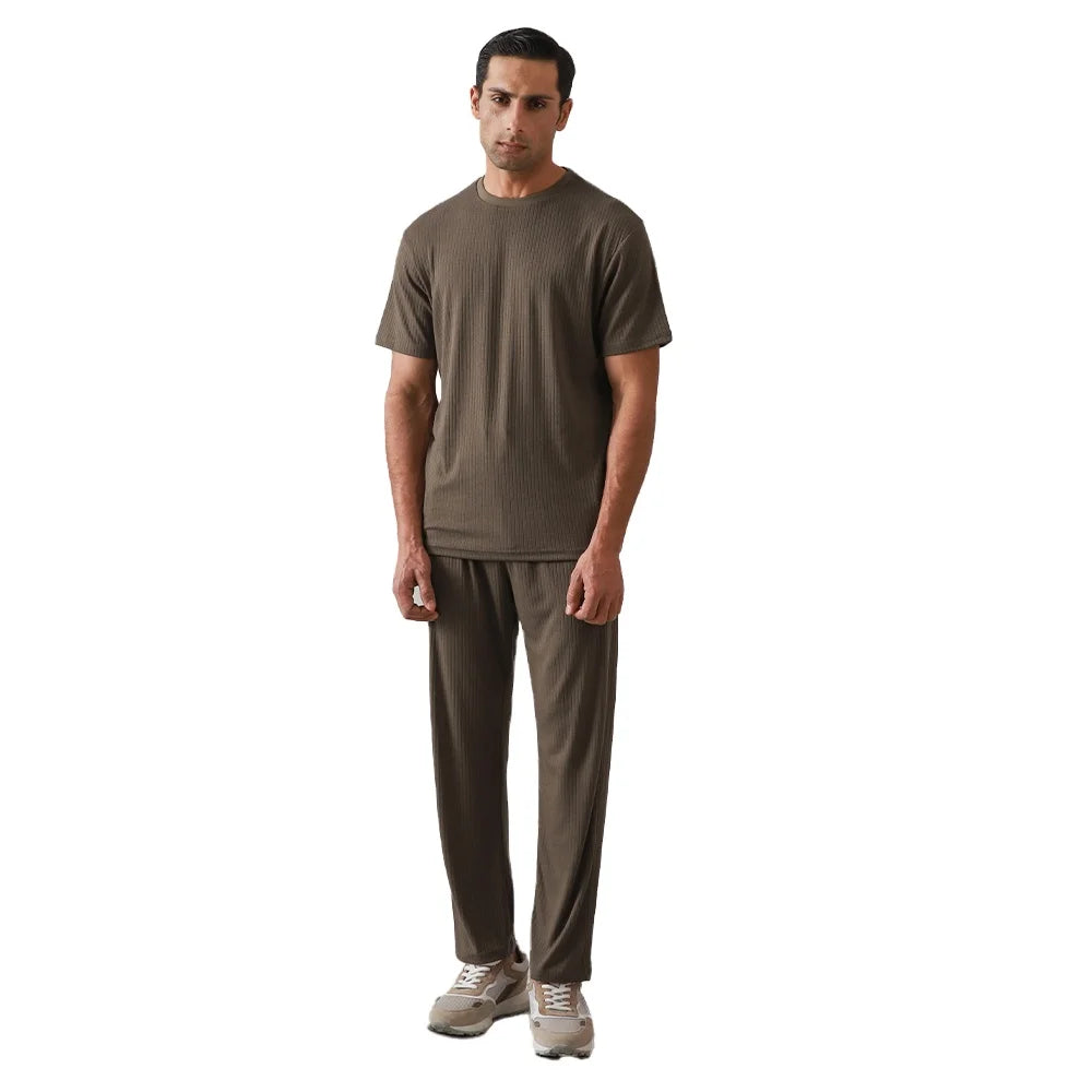 Wholesale Winter Fashion Ribbed Knit Hooded Solid Tracksuit Dark Brown MAXED ENTERPRISES Full Sleeve Top Straight Pants