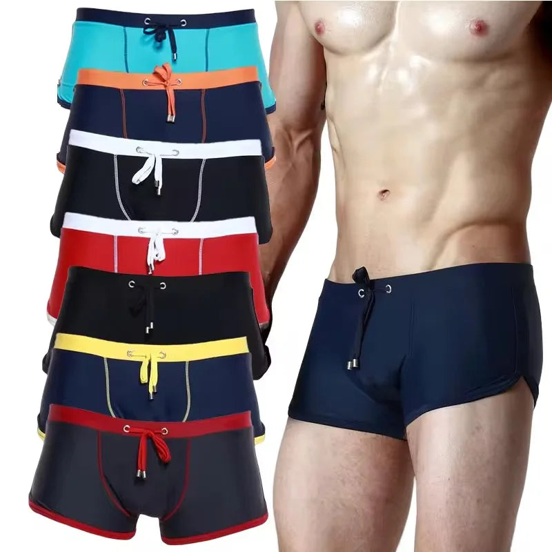 Wholesale Hot Sale Men's Swimwear & Beachwear Red Leopard Print Quick Dry Vintage Style Nylon/Cashmere Beach Trunks