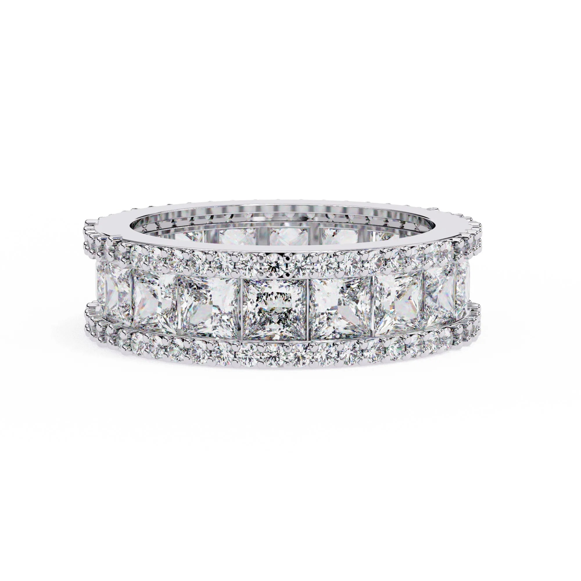 Princess Round Cut Lab Grown Diamond Ring Full Eternity Band Three-Row Wedding Proposal Band Diamond Ring for Her