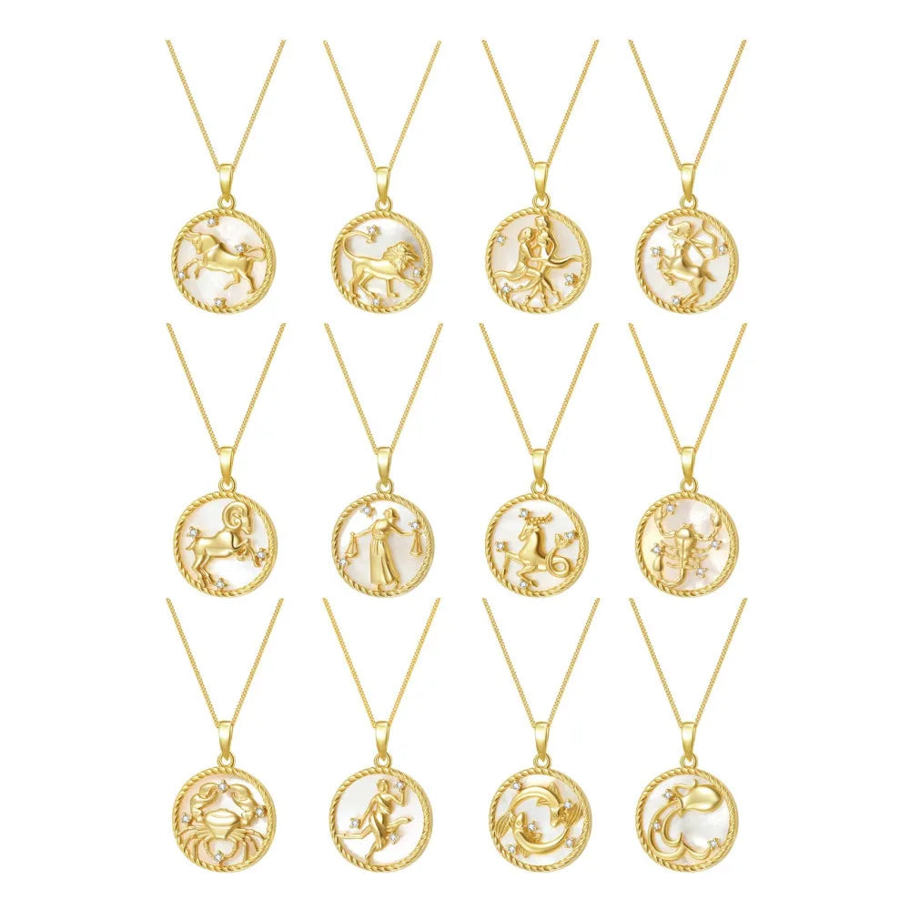 12 Zodiac Signs White Mother of Pearl Shells Disc Pendant Necklace 18K Gold Plated Zodiac Signs Coin Charm Necklace for Women MegaBDM