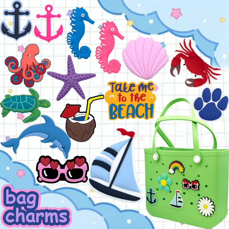 Tote Beach Letter Number Charms Pvc Big Size Turtle Starfish Boat Party Ocean Rubber Custom Beach Bag Charm Accessories Charm