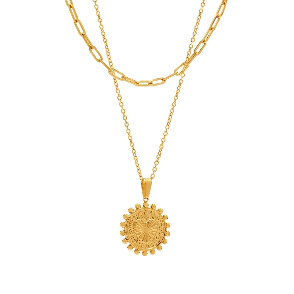 Hypoallergenic Stainless Steel Jewelry  Embossed Heart Sun Lace Double Layer Clavicle Chain 18K Gold Stainless Steel Necklace